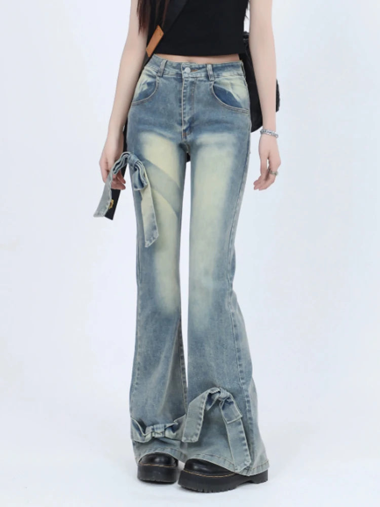 Aiertu Women's Blue Bow Flare Jeans Harajuku 90s Aesthetic Streetwear Baggy Denim Trousers Y2k Jean Pants Vintage 2000s Trashy Clothes Aiertu