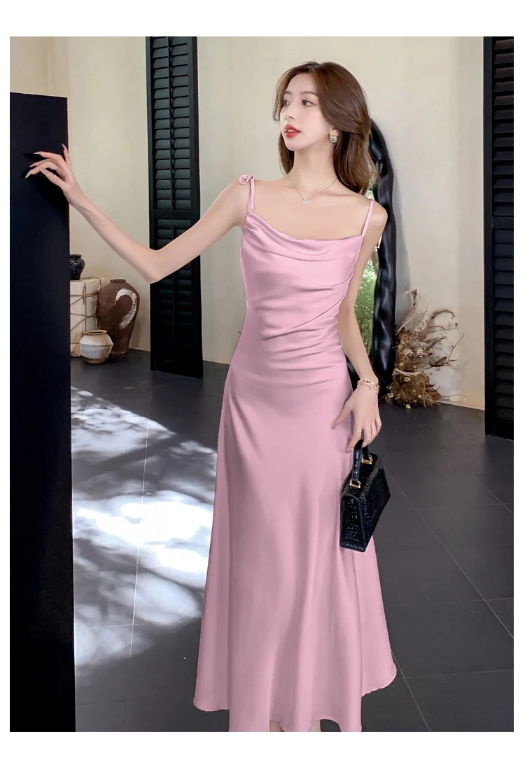 Aiertu Sleeveless Solid Chic Women Summer Dress Spaghetti Strap Satin Bodycon Elegant Midi Party Vestidos Female Long Clothes New Robe Aiertu