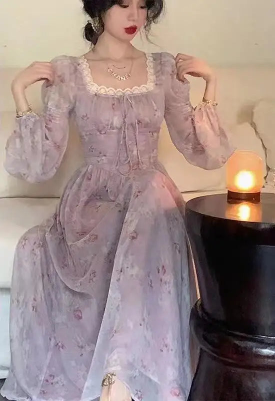 Aiertu Women Vintage Violet Print Square Neck Lace Fairy Dress Solid Elegant Bodycon Autumn Party Lady Pleated Princess Long Dress Boho Aiertu