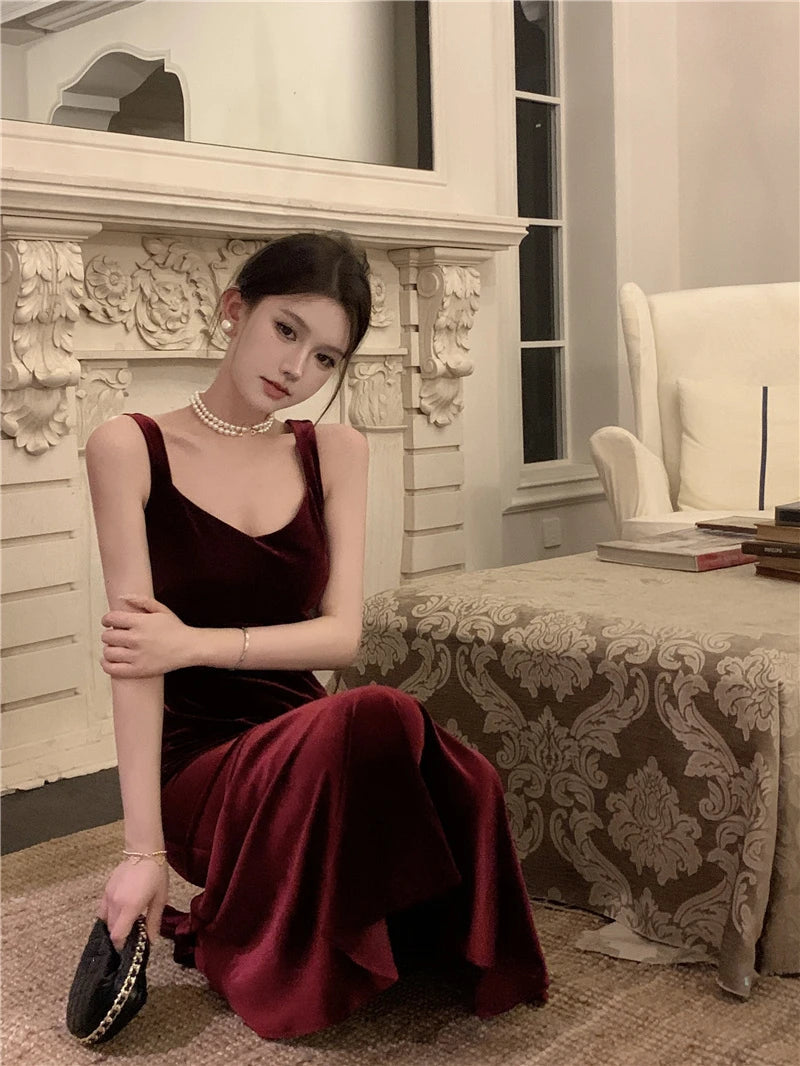 AIERTU  -  French Style Vintage Wine Red Camisole Long Dress Elegant Women Spring Autumn Solid Slim Mermaid Ladies Evening Party Robe New Aiertu