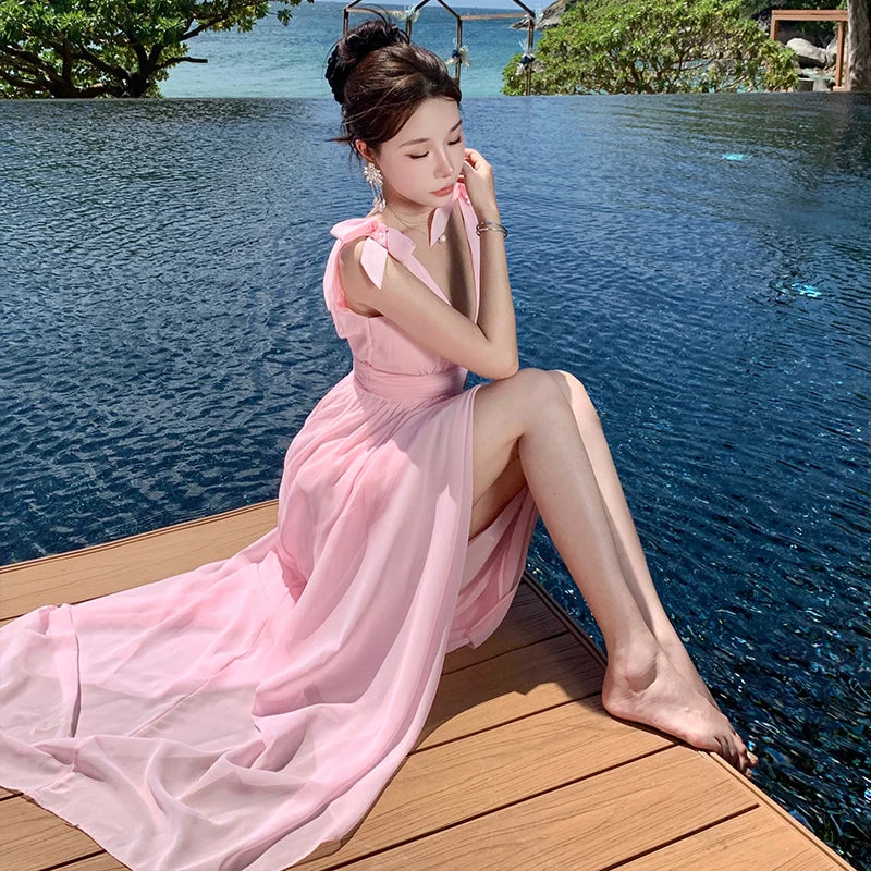 Aiertu Pink High Waist Women Temperament Backless Pleated Vest Dress Summer 2024 New Ladies V-neck Sleeveless Elegant Long Dresses Robe Aiertu