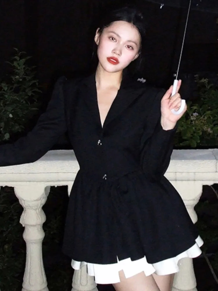 Aiertu Women's Black Patchwork Suit Dress Notched V-Neck Long Sleeve A-Line High Waist Autumn Elegant Office Lady Puffy Mujer Dress New Aiertu