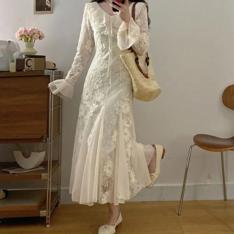 AIERTU  -  Flowers Mermaid Dresses for Women Flare Sleeve Korean Fashion Long Dress Spring Autumn Elegant Vestidos Mujer Aiertu