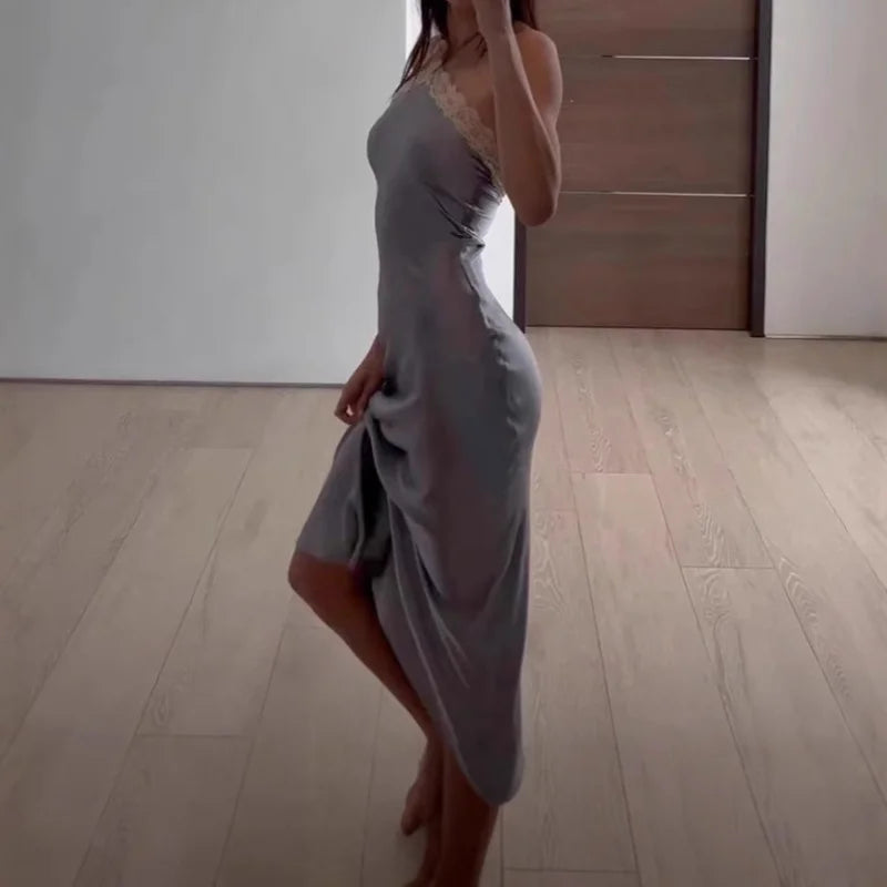 AIERTU  -  Elegant Square Shoulders Backless Splicing Satin Dress Women Slim Fit  Neck Hanging Midi Aiertu