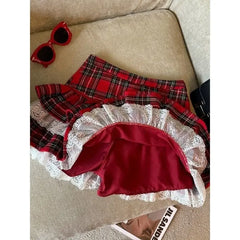 Aiertu Kawaii Ruffle Lace Plaid Skirts Women Sweet Elegant Mini Skirt Cutecore Autumn Winter Patchwork A-line Short Skirts Aiertu