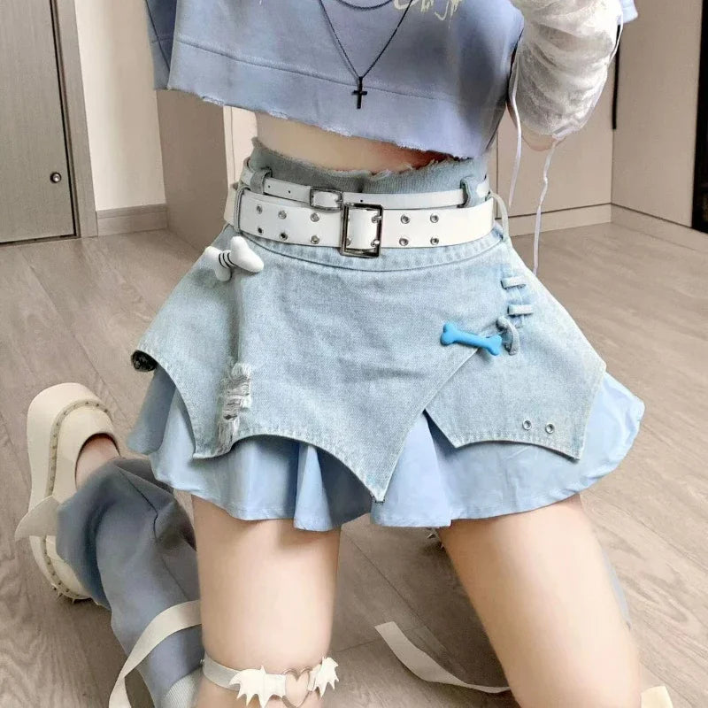 Aiertu Japanese Style Lolita Denim Skirt Gothic Women Harajuku Y2k Patchwork High Waist Mini Skirts Punk E Girl Irregular Sexy Skirts Aiertu