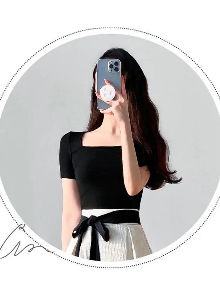 Aiertu Summer Bandage Party Short Sleeve Two Piece Set Women Square Collar High Waist  Princess French Elegant Black Tops White Skirts Aiertu