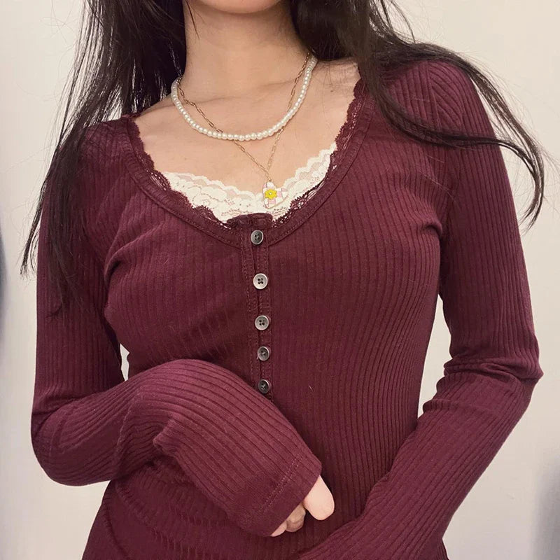 Aiertu FALL OUTFITS Y2K Button-up Knitted Top Red New Year Christmas Coquette Aesthetic Slim-fit T-shirts Sweet Cute Knitwear Festival Tees Aiertu