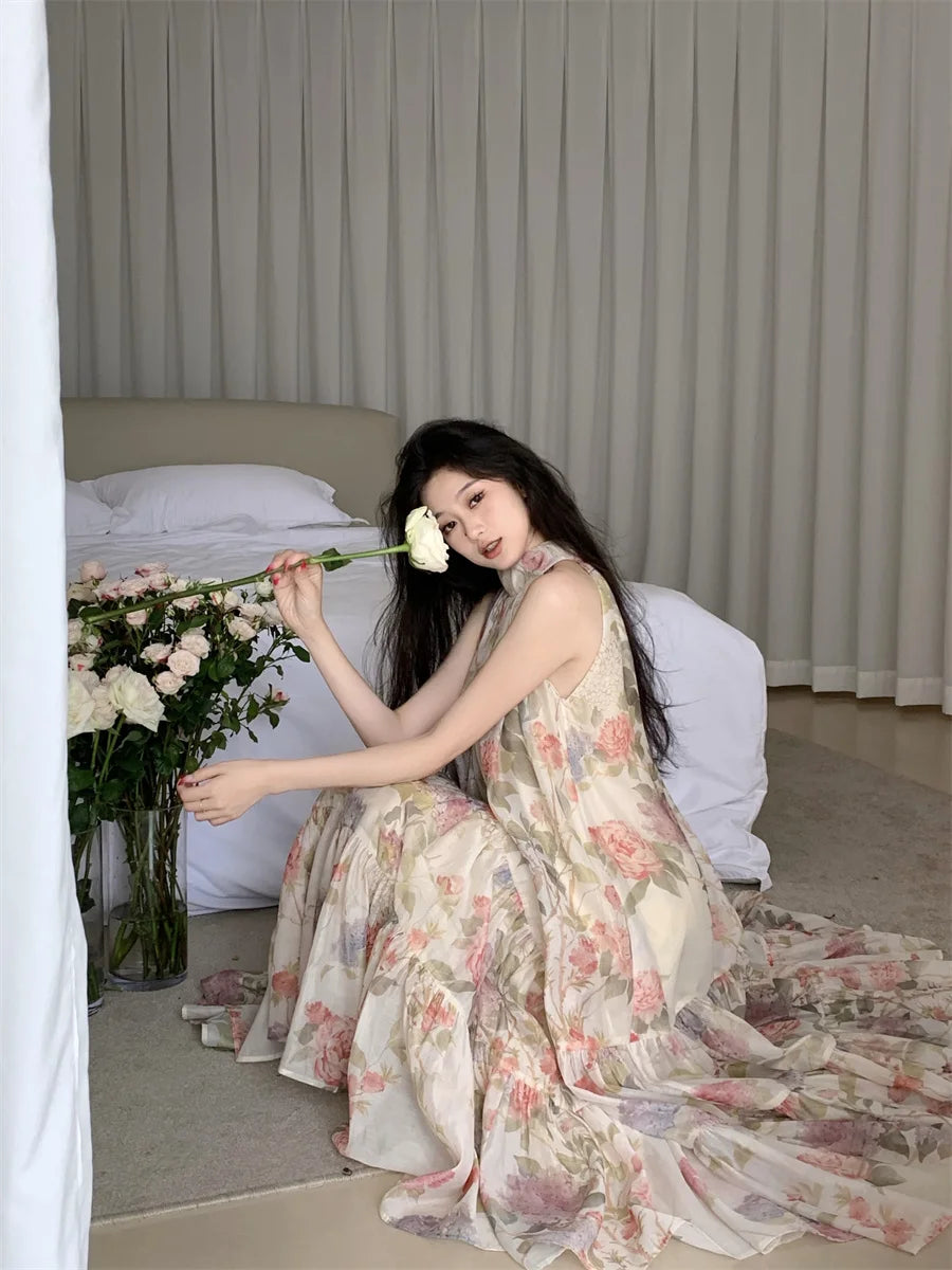 Aiertu Women Elegant Floral Print Maxi Dresses Summer New Fashion Sleeveless Loose Ruffle Y2k Dress Beach Birthday Party Robe Aiertu