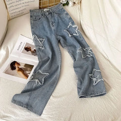 Aiertu Denim Popular Ins Fashion Korean With Star Spring Autumn New High Waist Straight Leg Loose Fitting Jeans Aiertu