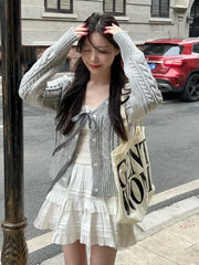 Aiertu Korean Fashion Grey Cardigans Women Sweet Gil Bow Bandage Coquette Knitted Sweater Mujer Casual Long Sleeve Tops Autumn aiertu