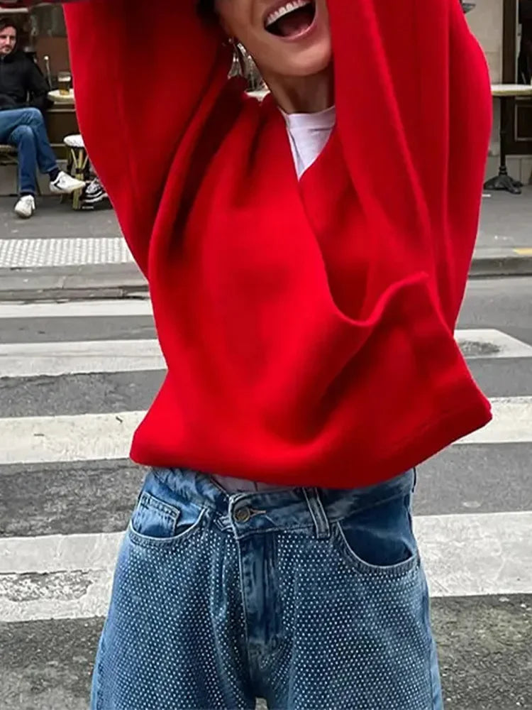 Red Women Chic V Neck Loose Sweater Casual Long Sleeves Knitted Warm Pullover New Autumn Female Fashion Knitwear Tops Aiertu