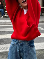 Red Women Chic V Neck Loose Sweater Casual Long Sleeves Knitted Warm Pullover New Autumn Female Fashion Knitwear Tops Aiertu