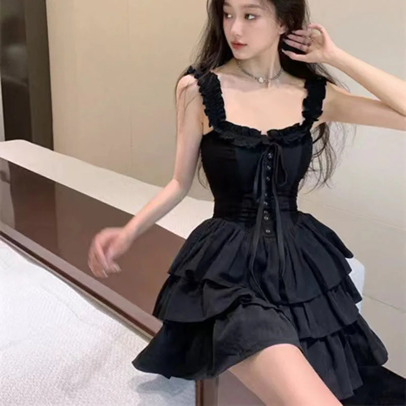 Aiertu Gothic Black Sexy Slip Dress Y2K Harajuku Streetwear Punk Lace Up Cake Dress Female Summer Korean Fashion Party Ruffles Dresses Aiertu