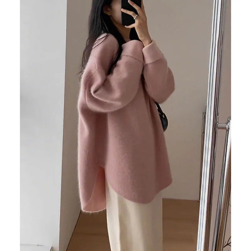 Spring Women New Korean Sweater Loose Knitting Warm Round Neck Falling Shoulder Sleeves Long Sleeved Solid Color All-match Tops Aiertu