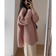 Spring Women New Korean Sweater Loose Knitting Warm Round Neck Falling Shoulder Sleeves Long Sleeved Solid Color All-match Tops Aiertu