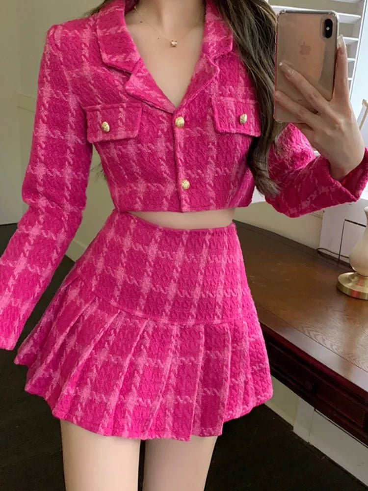 Aiertu Fall Small Fragrance Vintage Tweed Two Piece Set Women Crop Top Woolen Short Jacket Coat + Mini Skirts Sets Sweet 2 Piece Suits Aiertu