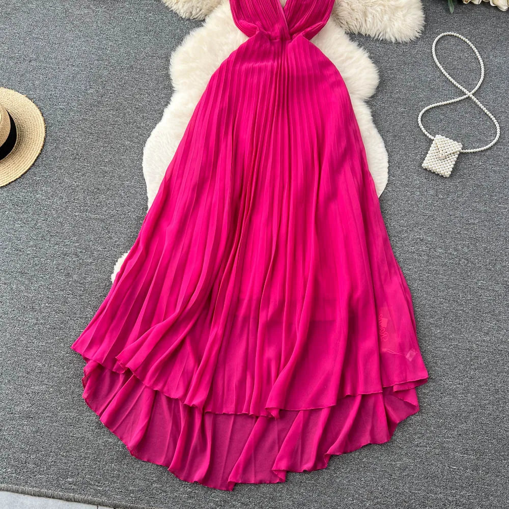 Aiertu Summer Sexy A Line Dress Deep V Neck Sling Cross Ruffles Backless Pleated Solid Women Elegant Evening Party Long Dress Aiertu