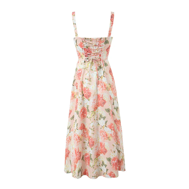 Aiertu 2024 Elegant Women Sexy Front Slit Floral Print Sling Midi Dress Lace Up Bandage Back Female Summer Dresses Holiday Robe Aiertu