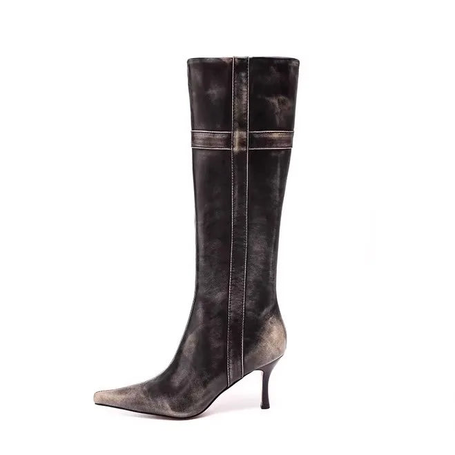 AIERTU  -  Retro Women's Shoes Luxury Genuine Leather Knee High Boots for Woman French Pointed High Heeled Boots Designer Shoes Botas Mujer Aiertu