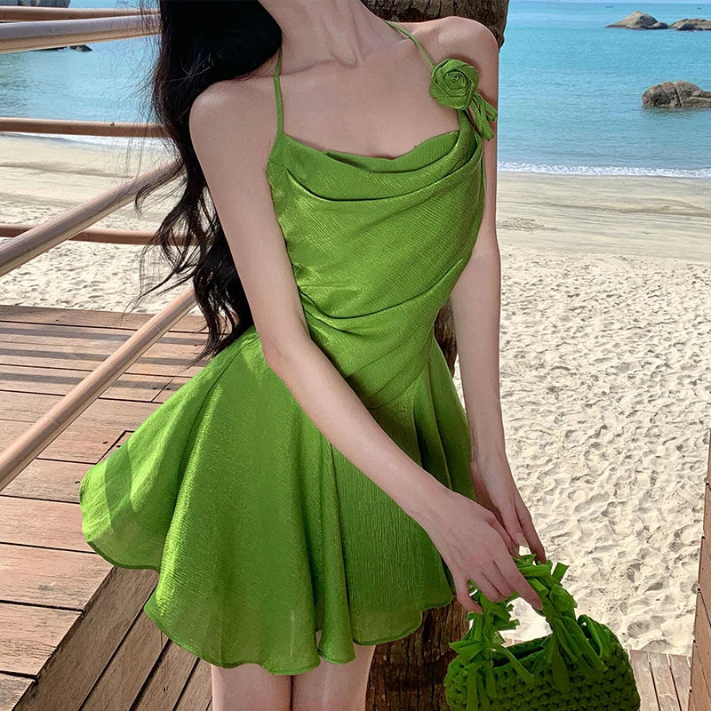 Aiertu Summer Green Sleeveless Slip Sexy Club Vacation Elegant Pleated Mini Dress 2024 New Fashion Evening Party Dress Women Streetwear Aiertu