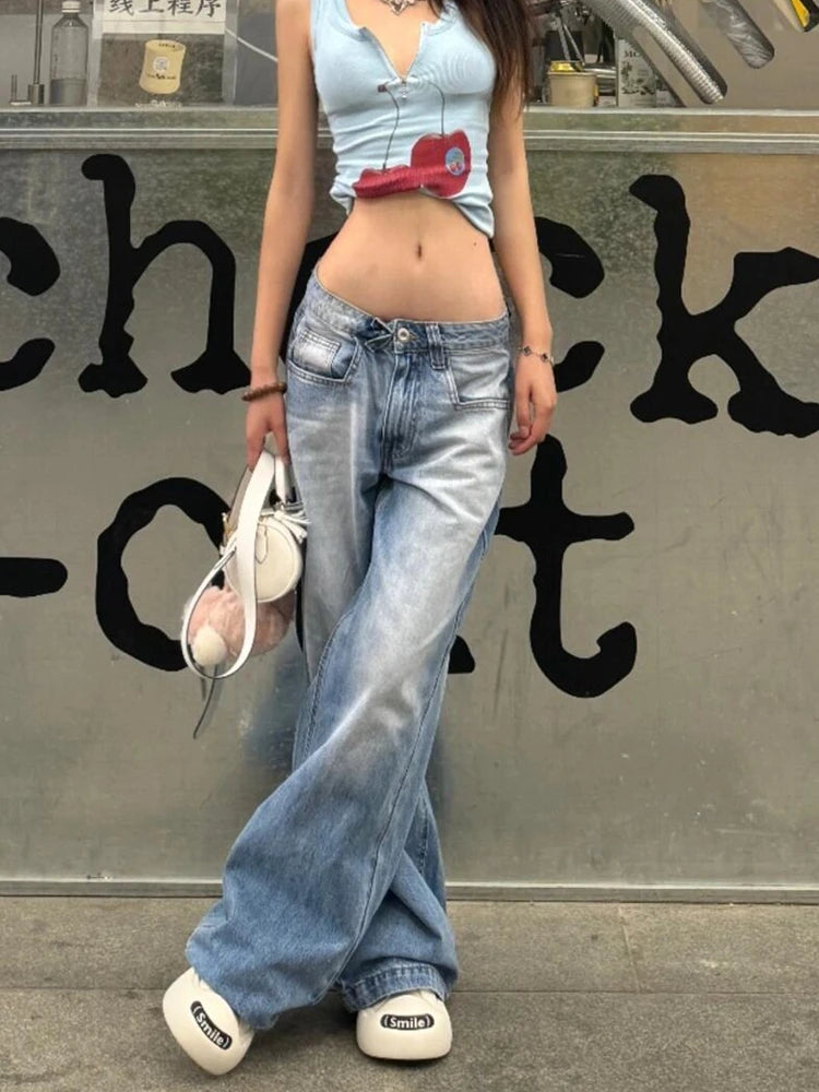 Aiertu Women American Vintage Y2k Japanese Harajuku Streetwear Baggy Low Rise Denim Pants Long Trousers 2000s Aesthetic Jean Kpop Punk Aiertu