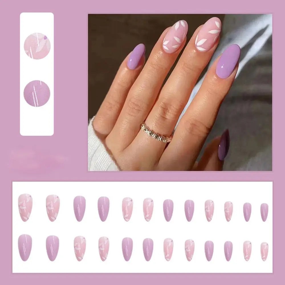 Aiertu 24pcs/Box Ballerina Nail Tip Purple with Design Manicure Patches Fresh Floral Almond False Nails Press on Med Nails Detachable Aiertu