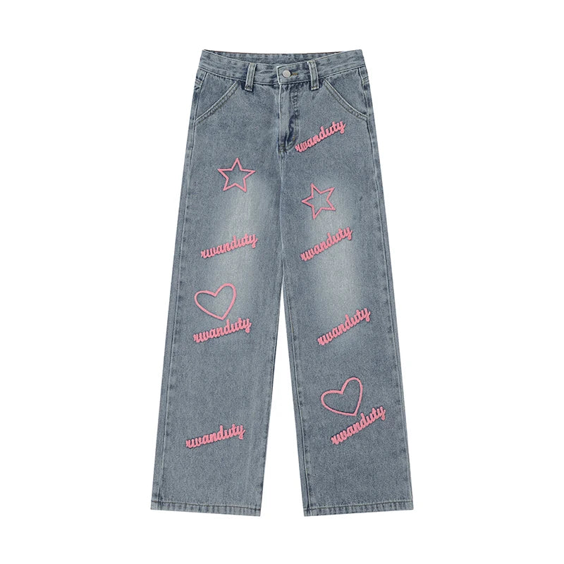 Aiertu American Blue Vintage Style High Waist Embroidery Jeans Pants Spring Women's Baggy Y2K Wide Leg Denim Trouser Female Clothes Aiertu