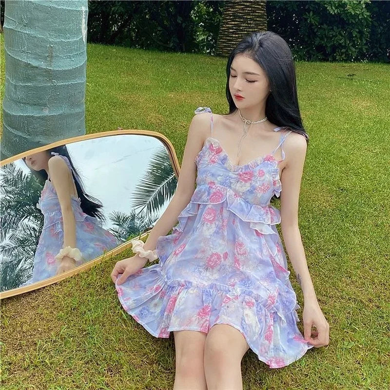 Aiertu Spaghetti Strap Dress Women Ruffles Sexy Japanese Sweet Princess Dress Female Beach Holiday Floral Mini Boho Dress 2024 Summer Aiertu