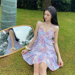 Aiertu Spaghetti Strap Dress Women Ruffles Sexy Japanese Sweet Princess Dress Female Beach Holiday Floral Mini Boho Dress 2024 Summer Aiertu