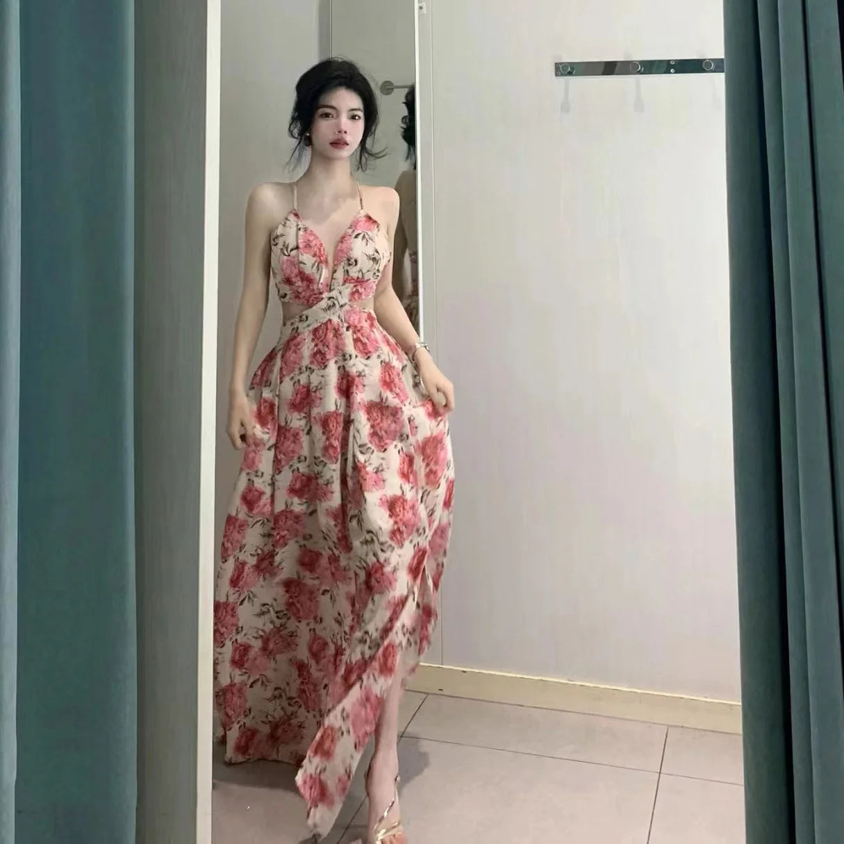 Aiertu Halter V Neck Hollow Out  Rose Print Long Dress Women Fashion Sleeveless Backless High Split Elegant Ruched Dress Holiday Summer Aiertu
