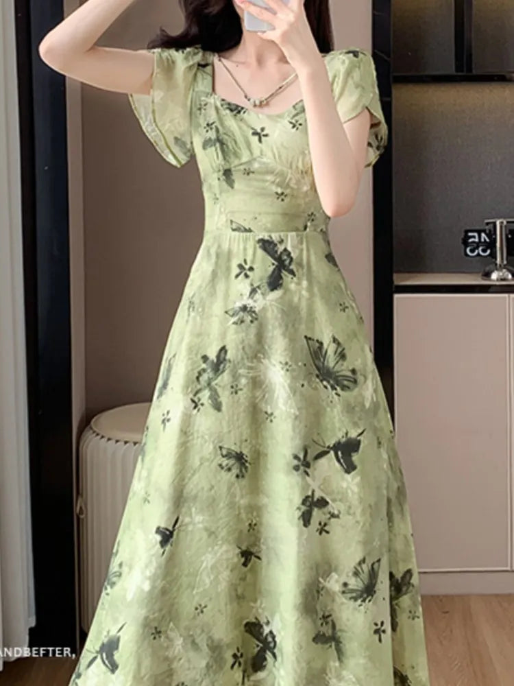 Aiertu New Women Vintage Floral Print Midi Green Dress Elegant Chic A-Line Party Evening Clothes Female Fashion Casual Vestidos Robe Aiertu