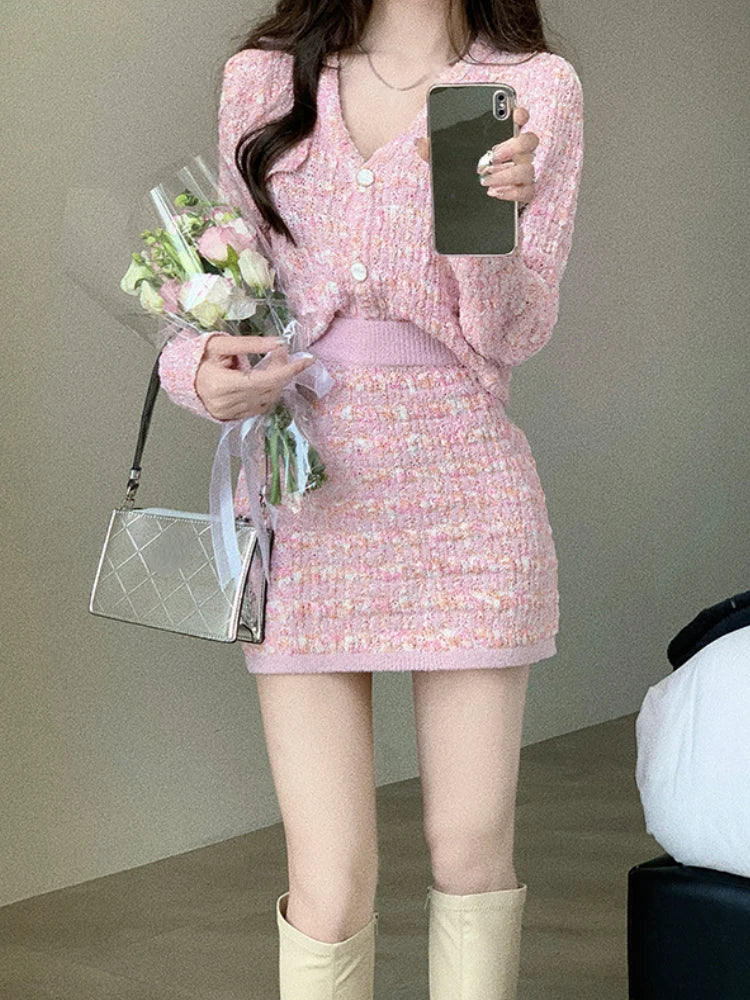 Aiertu Two Piece Dress Set Sweet Cardigan Sweater + Slim Skirt Pink Elegant Y2k Mini Dress Autumn Office Lady Casual Knitted Suits Aiertu