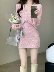 Aiertu Two Piece Dress Set Sweet Cardigan Sweater + Slim Skirt Pink Elegant Y2k Mini Dress Autumn Office Lady Casual Knitted Suits Aiertu
