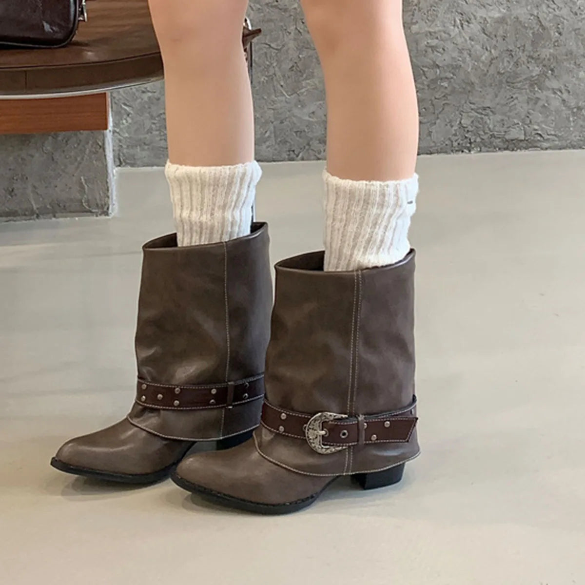 AIERTU  -  Women Western Cowboy Mid Calf Boots Vintage Pointed Toe Chunky Heel Riding Boots with Ornate Buckle Rivets Casual Ankle Boots Aiertu