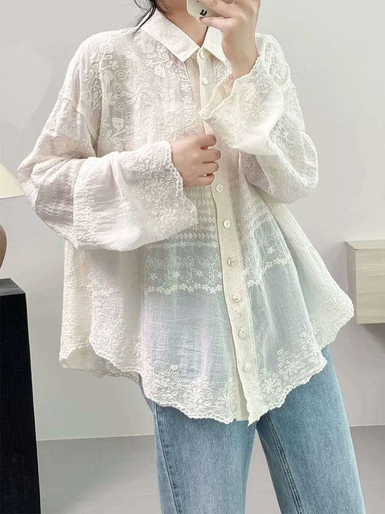 Cotton Floral Embroidery Long Sleeve Loose Tunic Shirt Vintage Retro Chic Rococo Victorian Edwardian Classy Youth Blouse Smock Aiertu