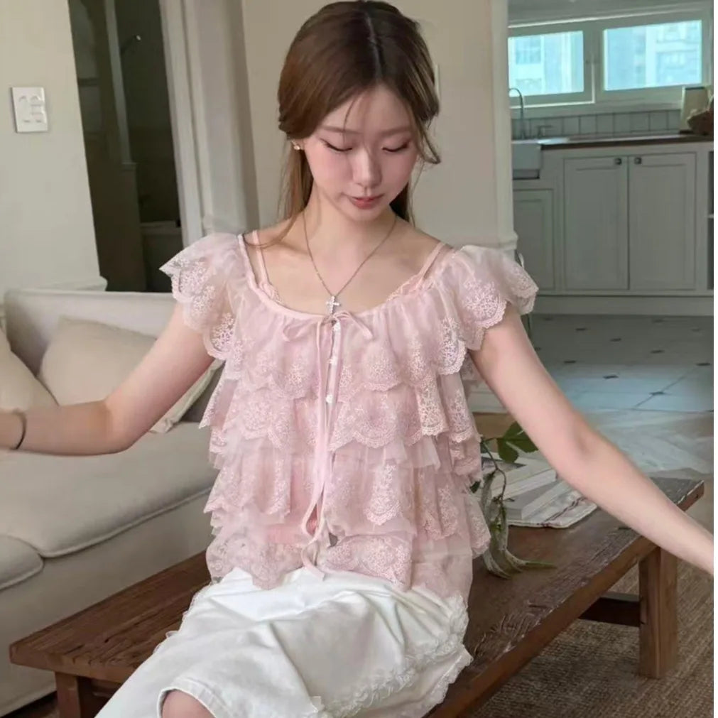 AIERTU  -  Korean Style Chic Fashion Summer Anti-Aging Lace Patterned Women's Shirt with Ruffle Sleeves Short Sleeve Versatile Fit Aiertu