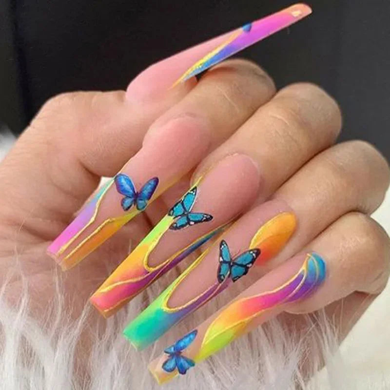 Aiertu 24pcs Artifical Bails With Glue Fake Nail Tips With Design Detachable Press On Nails Long Fake Nail Finished Nail Piece Sticker Aiertu