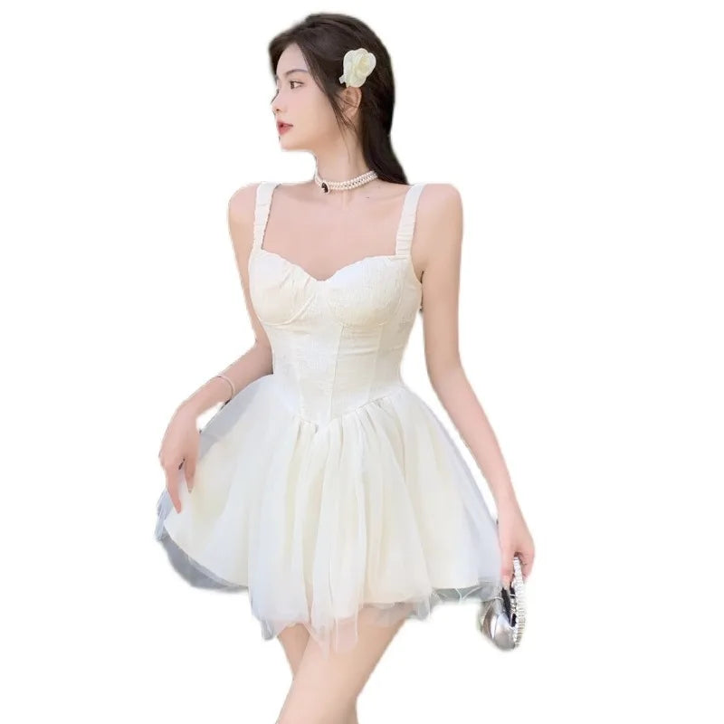 Women Retro Slit V neck Corset Strap Dress Bright Chiffon Spliced Wood ears Ruffle Hem Cake Mini Party Dresses Robe Aiertu