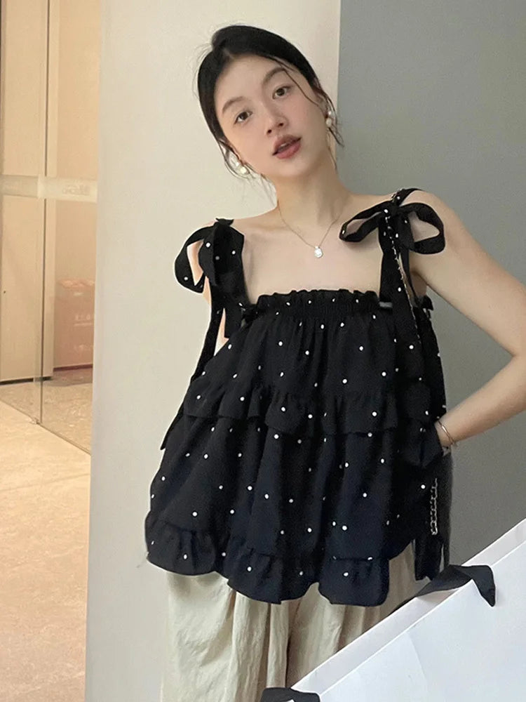 Polka Dot Camisole Women Summer New Arrival Bow Knot Lace Up Vintage Chic Spaghetti Strap Tops Female Ropa Mujer Aiertu