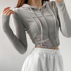 Aiertu Thin Hooded Cardigan Women Korean Vintage Slim Summer Solid Sports Jacket Vertical Pit Stripe Zipper Female Sexy Cropped Tops Aiertu