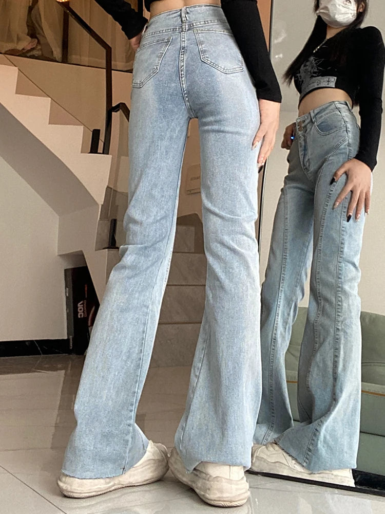 Aiertu Vintage Flared Stretch Jeans Women High Waist Skinny Boot Cut Gray Denim Pants Y2K Punk Streetwear Wide Leg Trousers Aiertu