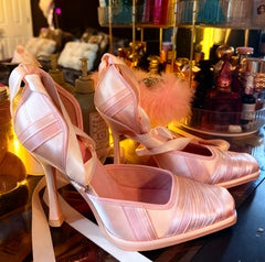 AIERTU  -  Romantic Ballerina Style Design Blush Satin Stiletto Heel Ballet Heels Long Ribbon Tie Wrapped Strap Design Elegant High Heels Aiertu