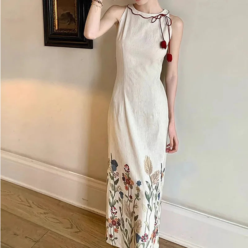 AIERTU  -  Women Dress New Chinese Style Printed Cheongsam Design Round Neck Tie Up Sleeveless Slim Fit Artistic Eetro Texture Long Dresses Aiertu