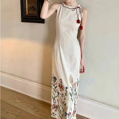 AIERTU  -  Women Dress New Chinese Style Printed Cheongsam Design Round Neck Tie Up Sleeveless Slim Fit Artistic Eetro Texture Long Dresses Aiertu