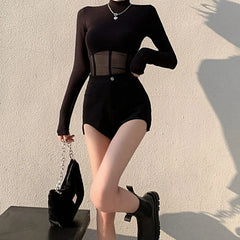 Aiertu Mesh Patchwork Fashion O-Neck Long Sleeve Tops Fishbone Tunic For Slim Sexy Crop Top Women 2024 Y2K Street T-Shirts aiertu