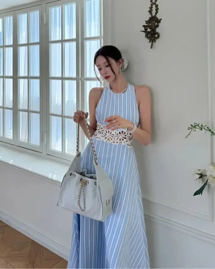 AIERTU  -  Women Dress Striped Pattern Waist Hollow Lace Splicing Backless Sleeveless Vest A-line Round Neck High Waisted Casual Long Dress Aiertu