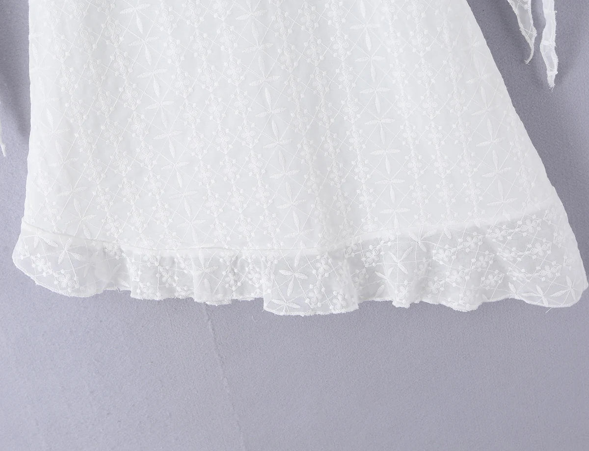AIERTU  -  Summer White Lace Mini Dress Women Off Shoulder Tie Detail Sleeve V Neck Beach Party Irregular Dress Aiertu