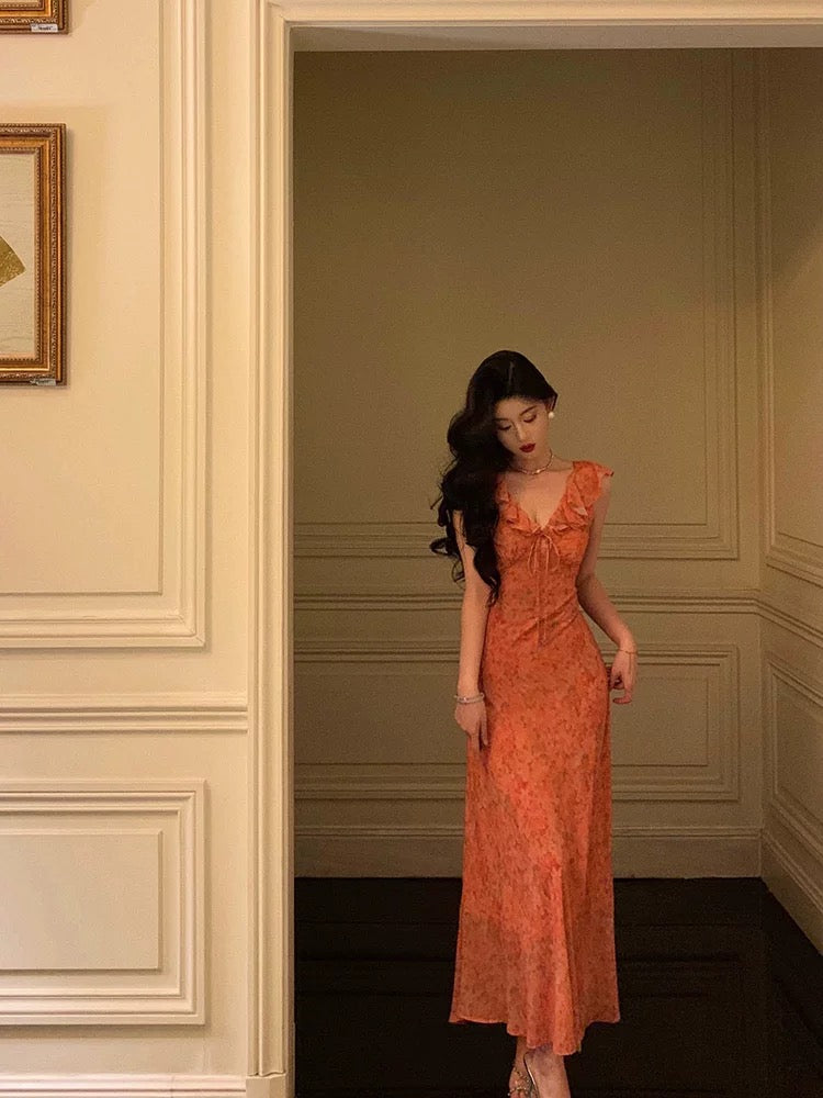Aiertu - Classy A line V neckline Orange Chiffon Long Prom Dresses Birthday Outfits Evening Gown HOT1011 Aiertu
