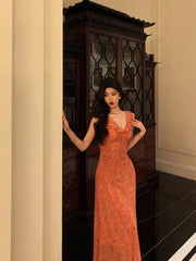 Aiertu - Classy A line V neckline Orange Chiffon Long Prom Dresses Birthday Outfits Evening Gown HOT1011 Aiertu